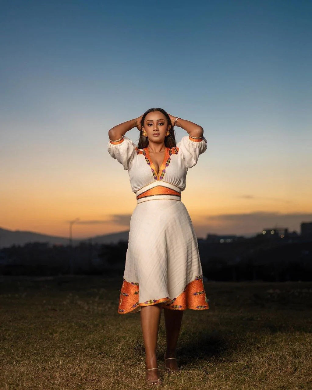 Chic Modern Menen Habesha Dress with Detailed Tilf Pattern, Habesha Kemis