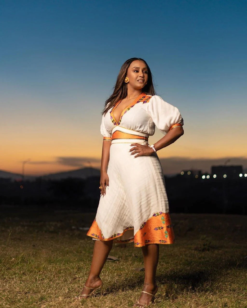 Chic Modern Menen Habesha Dress with Detailed Tilf Pattern, Habesha Kemis