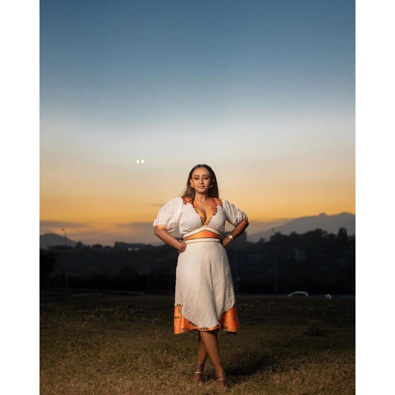 Chic Modern Menen Habesha Dress with Detailed Tilf Pattern, Habesha Kemis