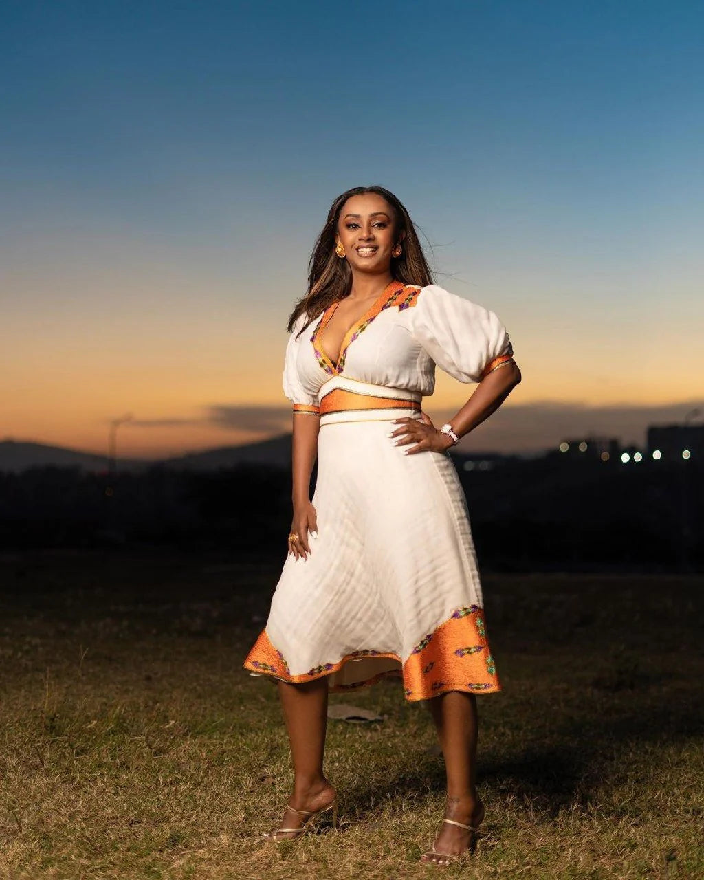 Chic Modern Menen Habesha Dress with Detailed Tilf Pattern, Habesha Kemis