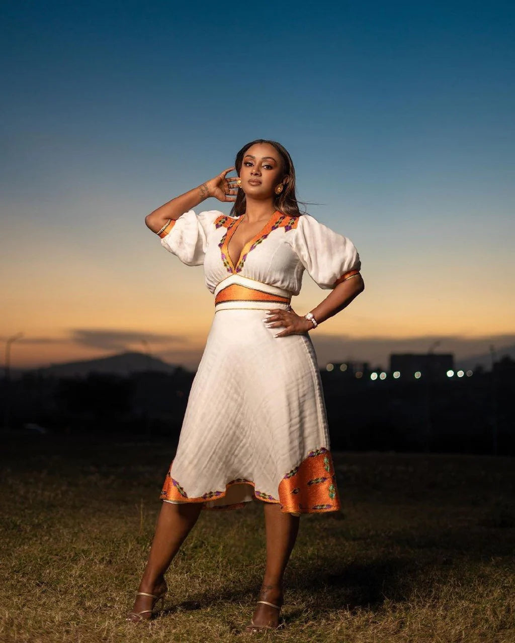 Chic Modern Menen Habesha Dress with Detailed Tilf Pattern, Habesha Kemis
