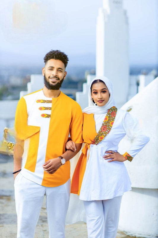 Bold and Bright Habesha Couple's Attire for Festive Occasions with hijab