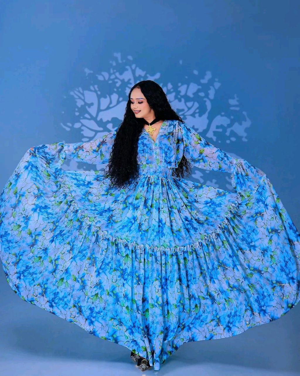 Radiant Sky-Blue Habesha Chiffon Dress