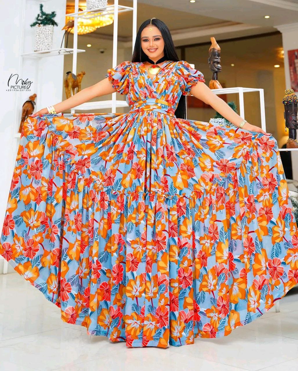 Vibrant Floral Habesha Chiffon Dress