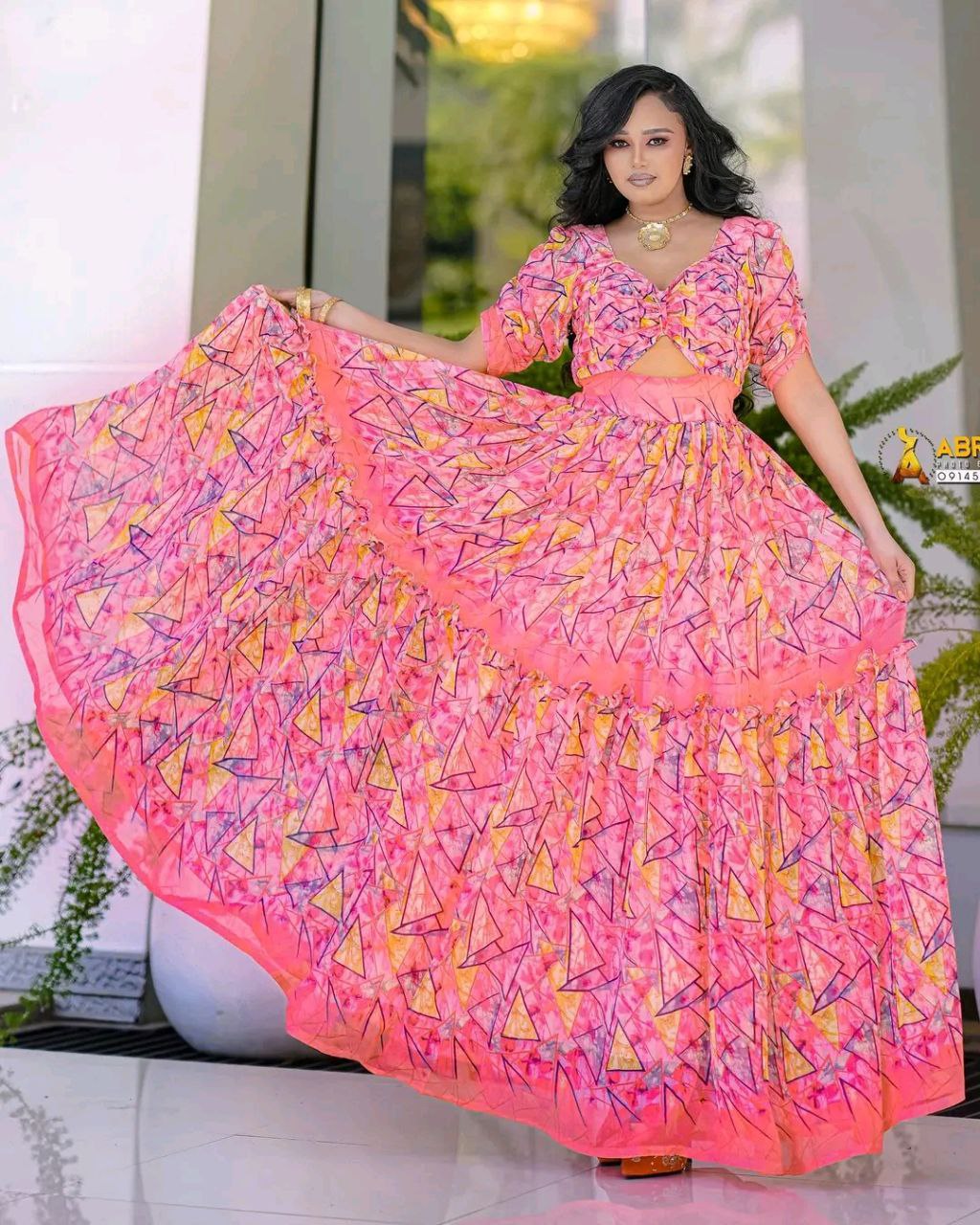 Playful Geometric Habesha Chiffon Dress