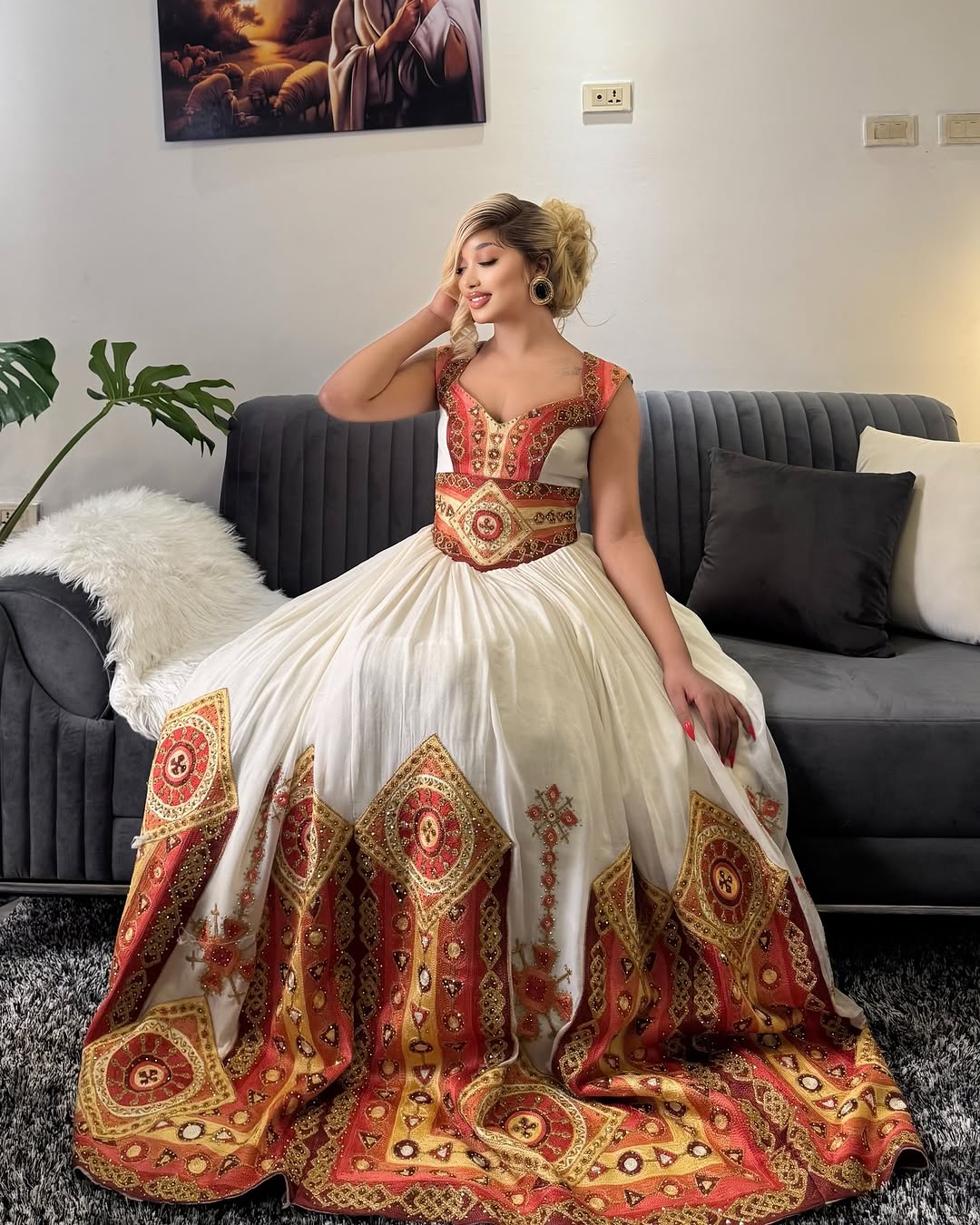 Golden Hand-stitched Embellishments Habesha Attire Elegant Ethiopian Garment