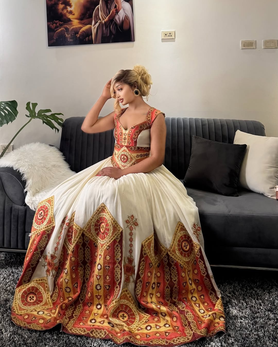 Golden Hand-stitched Embellishments Habesha Attire Elegant Ethiopian Garment