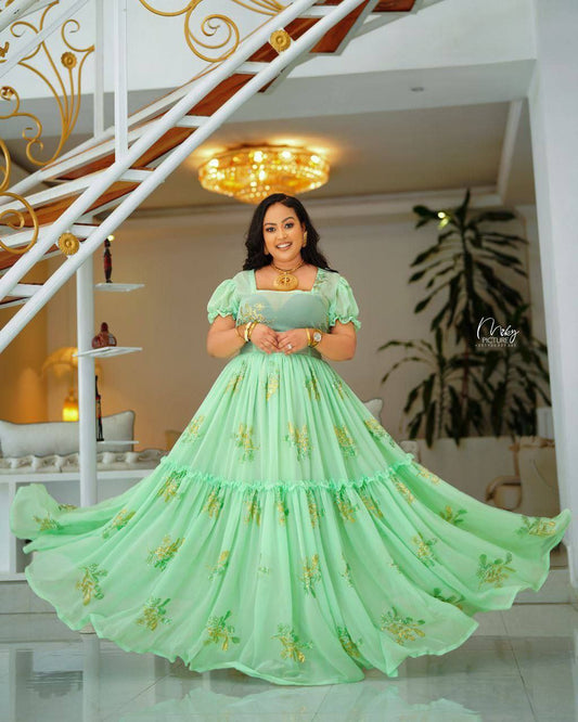 Charming Grace The Enchantment of Mint Green Habesha Chiffon