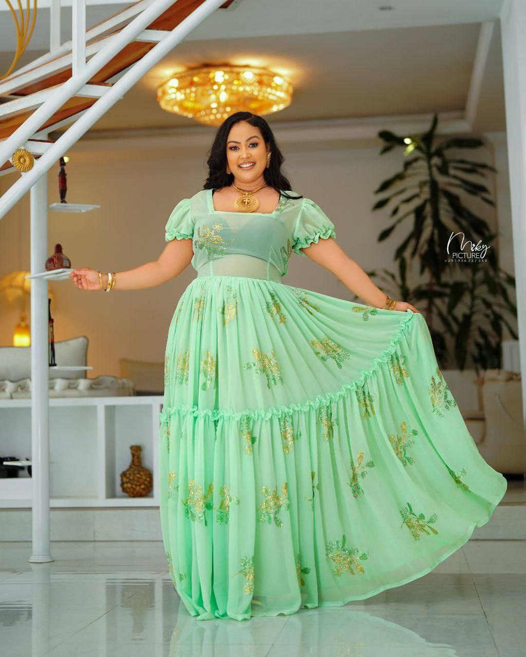 Charming Grace The Enchantment of Mint Green Habesha Chiffon