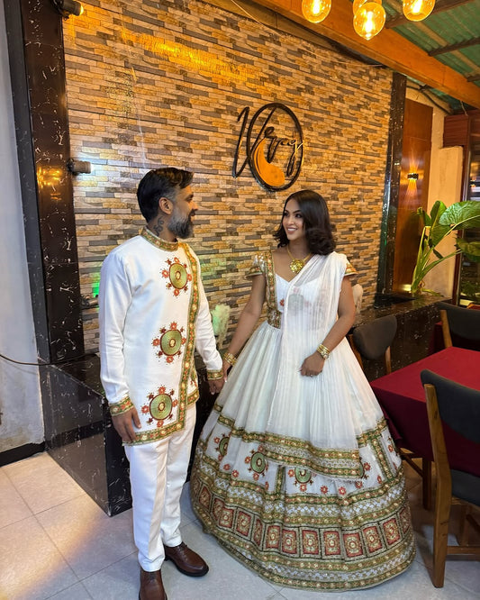 Harmonious Elegance A Traditional Habesha Couple's Ensemble