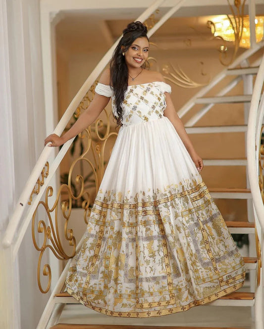 Exquisite Habesha Dress with Gold Embroidery