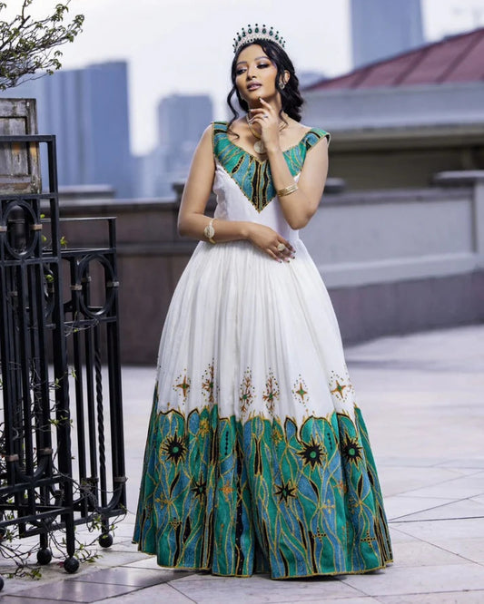 Beautiful Habesha Dress with Turquoise and Gold Embroidery