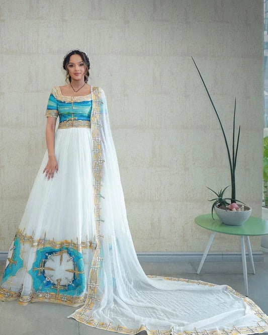 Stunning Habesha Dress with Vibrant Embroidery and Sheer Train