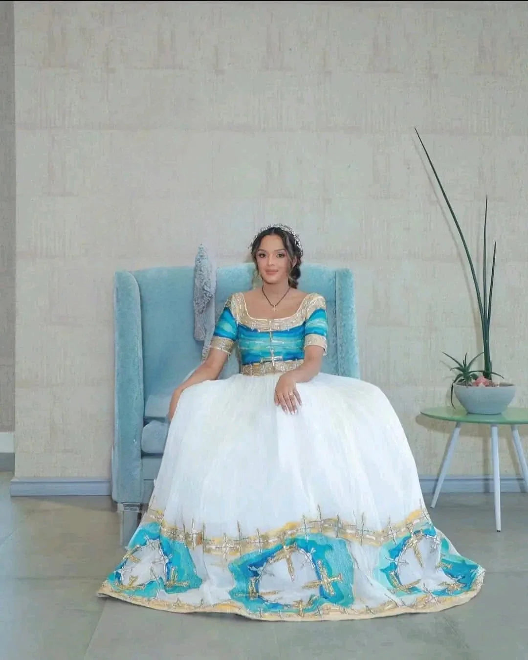 Stunning Habesha Dress with Vibrant Embroidery and Sheer Train