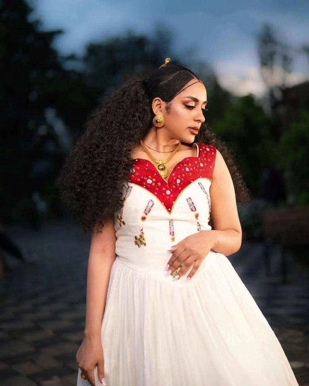 Elegant Habesha Dress with Intricate Embroidery and Vibrant Colors