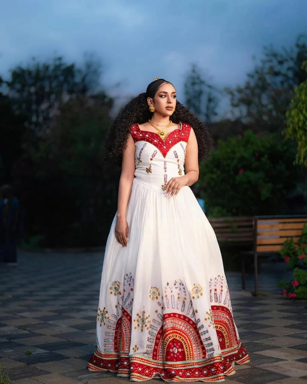 Elegant Habesha Dress with Intricate Embroidery and Vibrant Colors