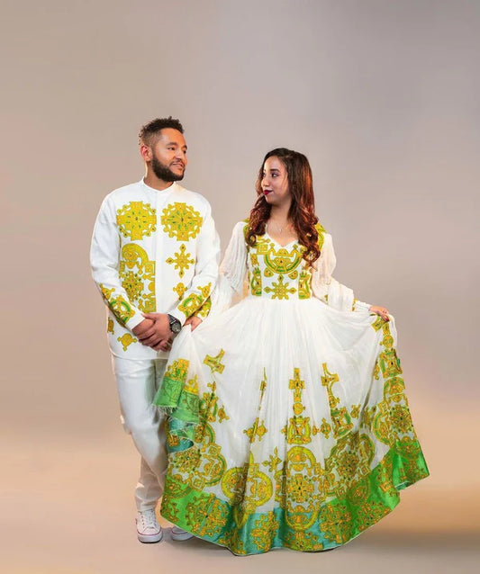 Harmony in Hues: Vibrant Yellow and Green Habesha Couples Ensemble.