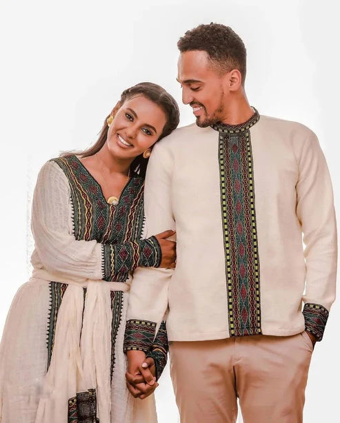 Embracing Tradition in Dark Tilet Habesha Couples Outfit.