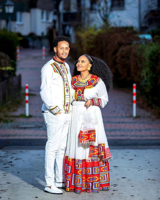 Crimson Splendor: Exquisite Patterned Habesha Couples' Attire.