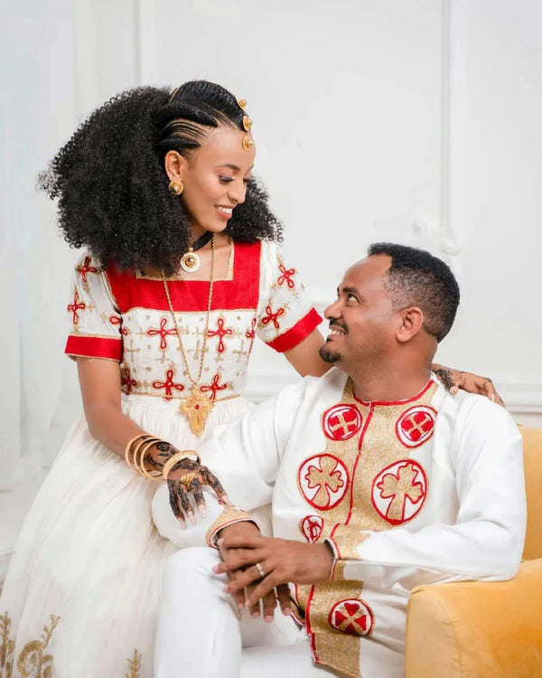 Radiant Red Habesha Couples Outfit: Vibrant Habesha Attire.
