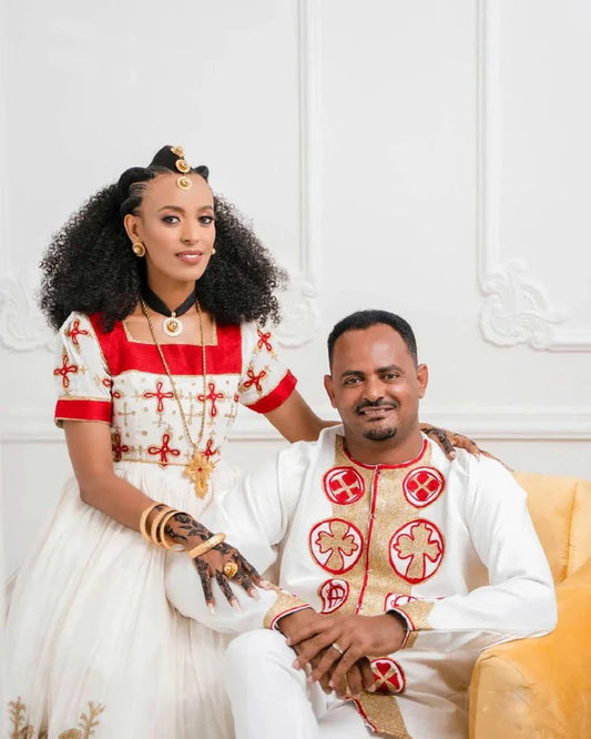 Radiant Red Habesha Couples Outfit: Vibrant Habesha Attire.
