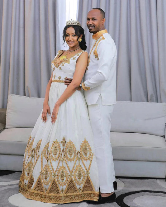 Habesha Elegance Unveiled: Stunning Wedding Attire for Couples.