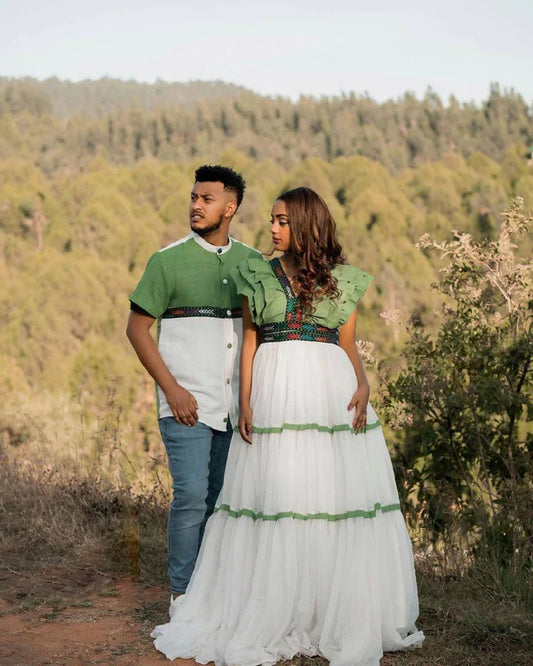 Habesha Elegance: Green Design in Couples' Outfit.