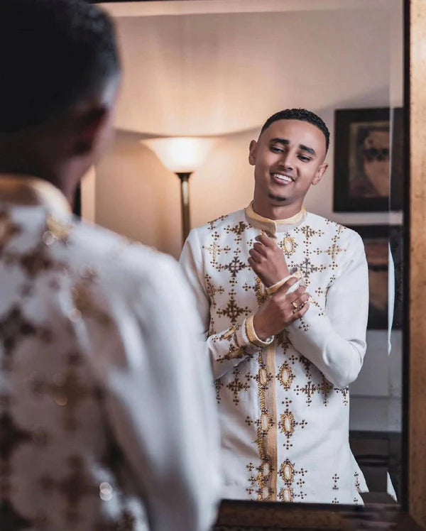 Sparkling Brown and Yellow: Habesha Couples Outfit for Weddings