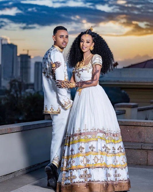 Sparkling Brown and Yellow: Habesha Couples Outfit for Weddings