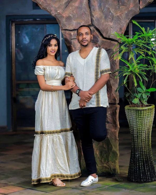 Simple Design Habesha Couples Outfit: Modern Wedding Attire