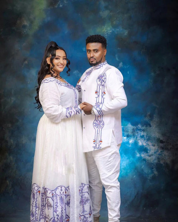 Blue Design: Habesha Couples' Outfits in Ethereal Light Hues