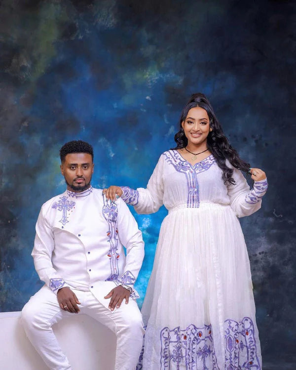 Blue Design: Habesha Couples' Outfits in Ethereal Light Hues