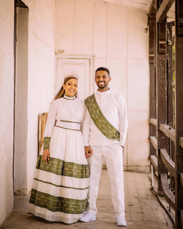 Verdant Elegance: Habesha Couples' Outfits in Captivating Green Design