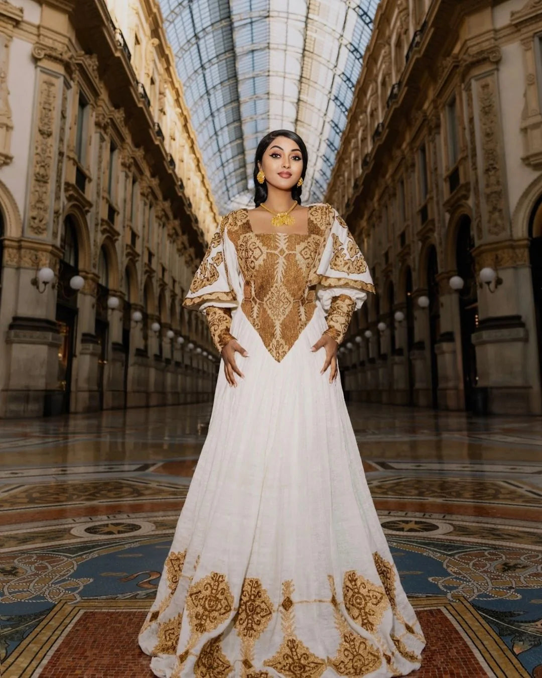 Elegant Ethiopian and Eritrean Dress: A beautiful Habesha dress featuring intricate, hand stitched cultural embroidery