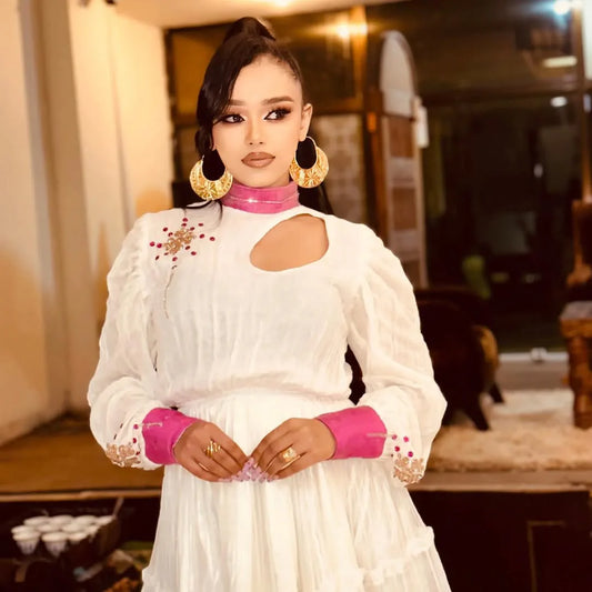 Attractive Sweet Pink Mini Habesha Dress: with Bold Cutout Traditional Contemporary Habesha Kemis