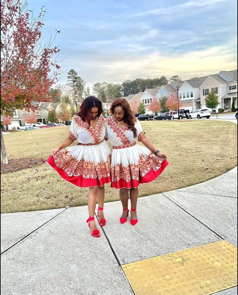 Dynamic Red Ethiopian Traditional Dress: Contemporary Mini Habesha Dress for Graduation, Birthdays, or Other Major Events Habesha Kemis.