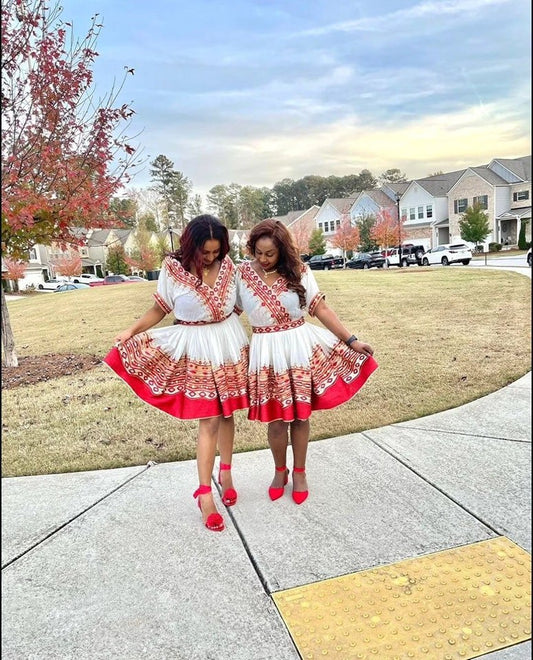 Dynamic Red Ethiopian Traditional Dress: Contemporary Mini Habesha Dress for Graduation, Birthdays, or Other Major Events Habesha Kemis.