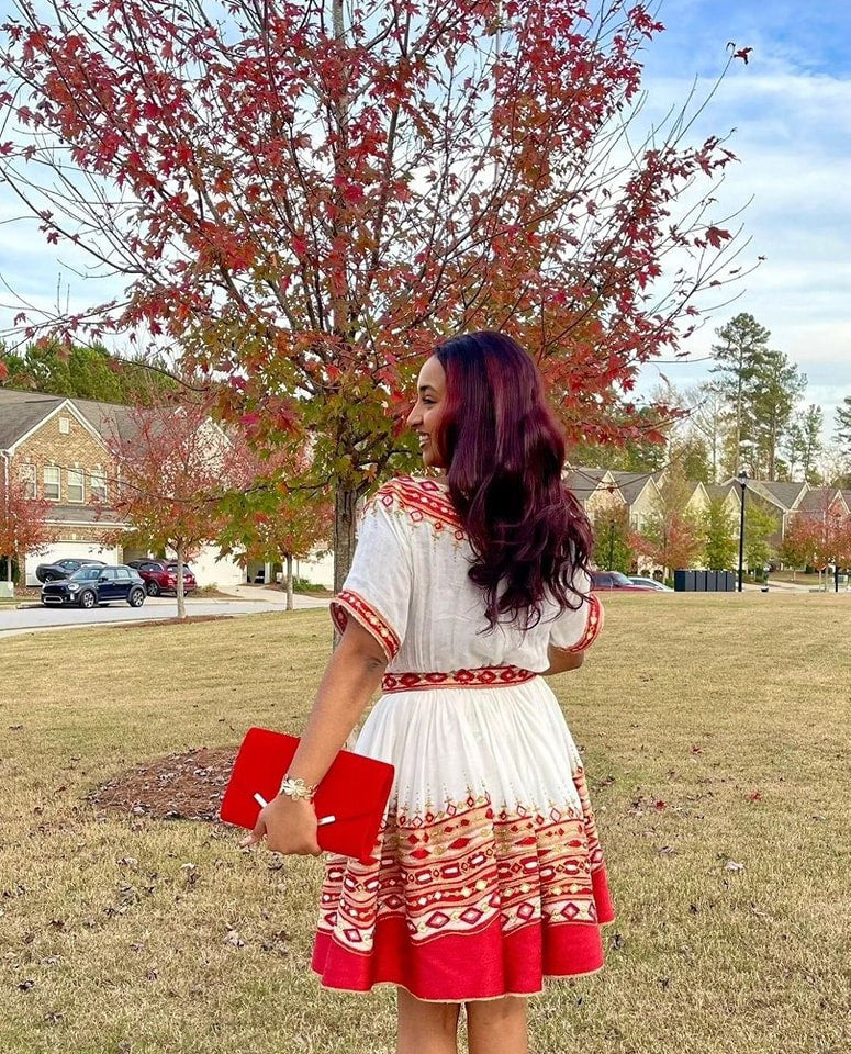Dynamic Red Ethiopian Traditional Dress: Contemporary Mini Habesha Dress for Graduation, Birthdays, or Other Major Events Habesha Kemis.