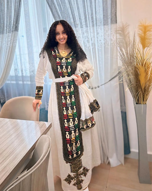 Stunning Cultural Appearance in Habesha Dress: Gorgeous Ethiopian Traditional Dress Handmade Eritrean Attire.