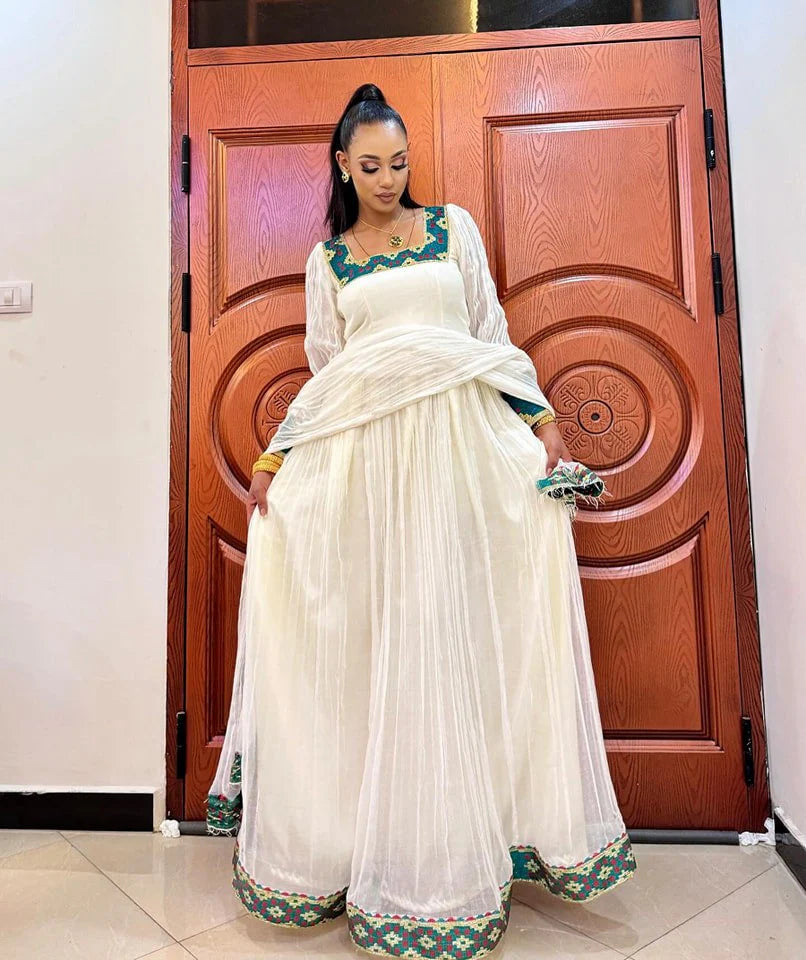 Stunning Green Traditional Ethiopian Attire: Simple yet Graceful Habesha Garment Beautifully Made Habesha Kemis