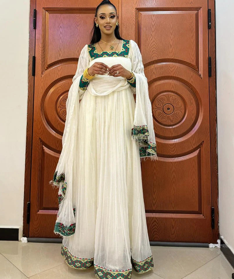 Stunning Green Traditional Ethiopian Attire: Simple yet Graceful Habesha Garment Beautifully Made Habesha Kemis