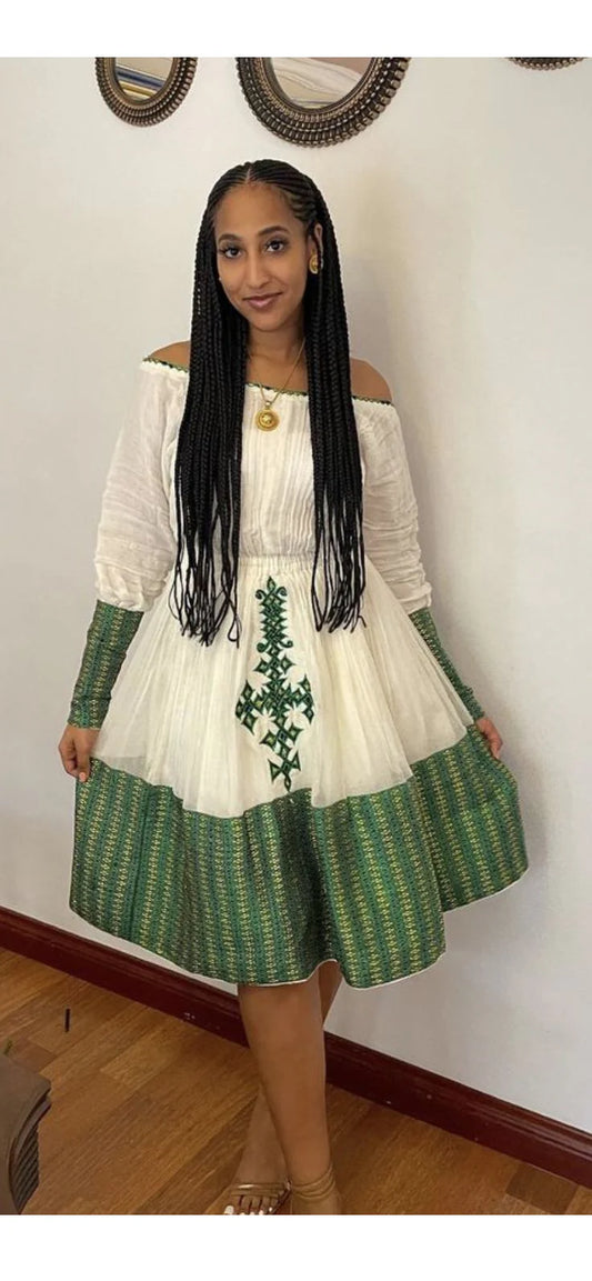 Captivating Green Short Habesha Dress: Contemporary Mini Traditional Outfit Simple Habesha Attire