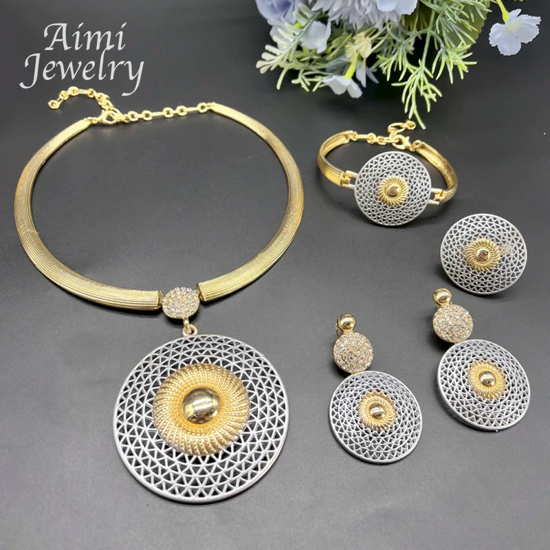 Large Round Pendant 18K Gold Plated Jewelry Set for Women Necklace Earrings Bracelet Ring African Bridal Wedding Party Gifts