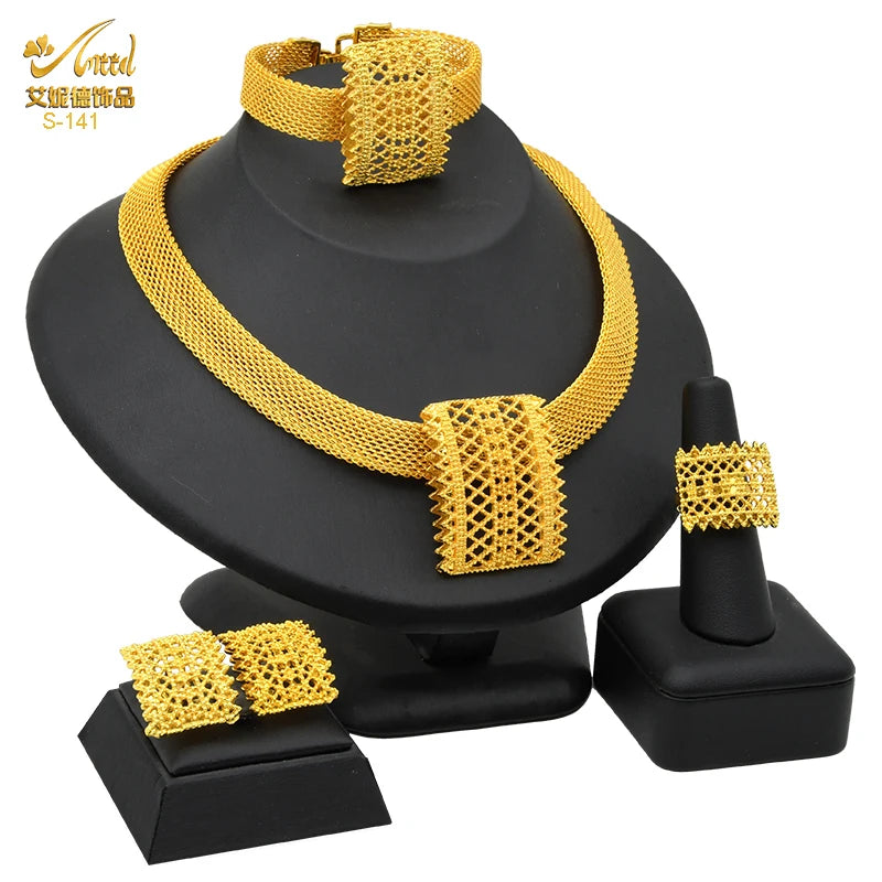 Indian Jewellery Luxury Necklace Jewelry Sets For Women Dubai Gold Color African Arabic Wedding Bridal Collection Sets Earring