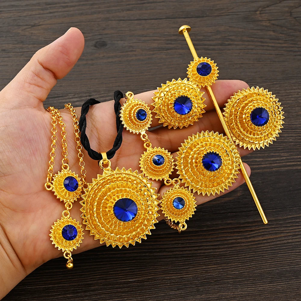 Ethiopian Traditional Blue Stone Gold Color Bridal Jewelry Set Necklace Earrings Ring Hairpain Gifts Wedding Jewellery For Women