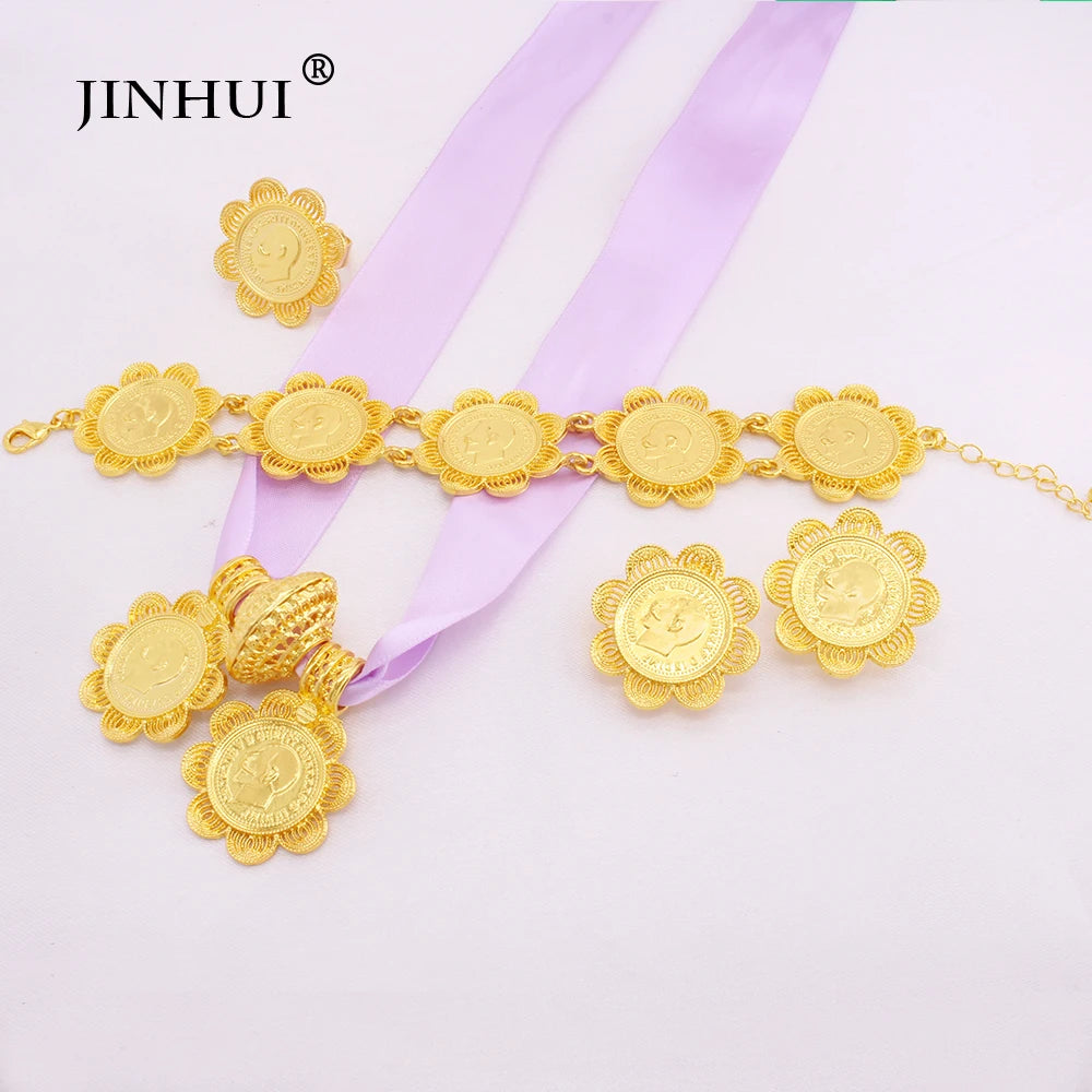 Ethiopian classic gold plated Big Coin Pendant Necklace Earring Ring  jewelry sets for women Dubai African wedding bridal gifts