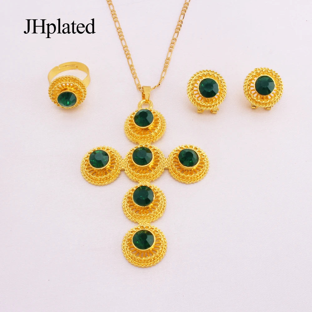 Ethiopian gold plated Jewellery set dubai bridal wedding gifts cross jewelry sets for women wife necklace earrings ring set