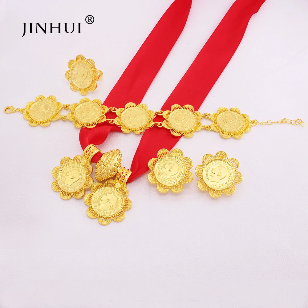 Ethiopian classic gold plated Big Coin Pendant Necklace Earring Ring  jewelry sets for women Dubai African wedding bridal gifts