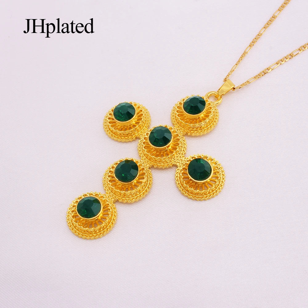 Ethiopian gold plated Jewellery set dubai bridal wedding gifts cross jewelry sets for women wife necklace earrings ring set