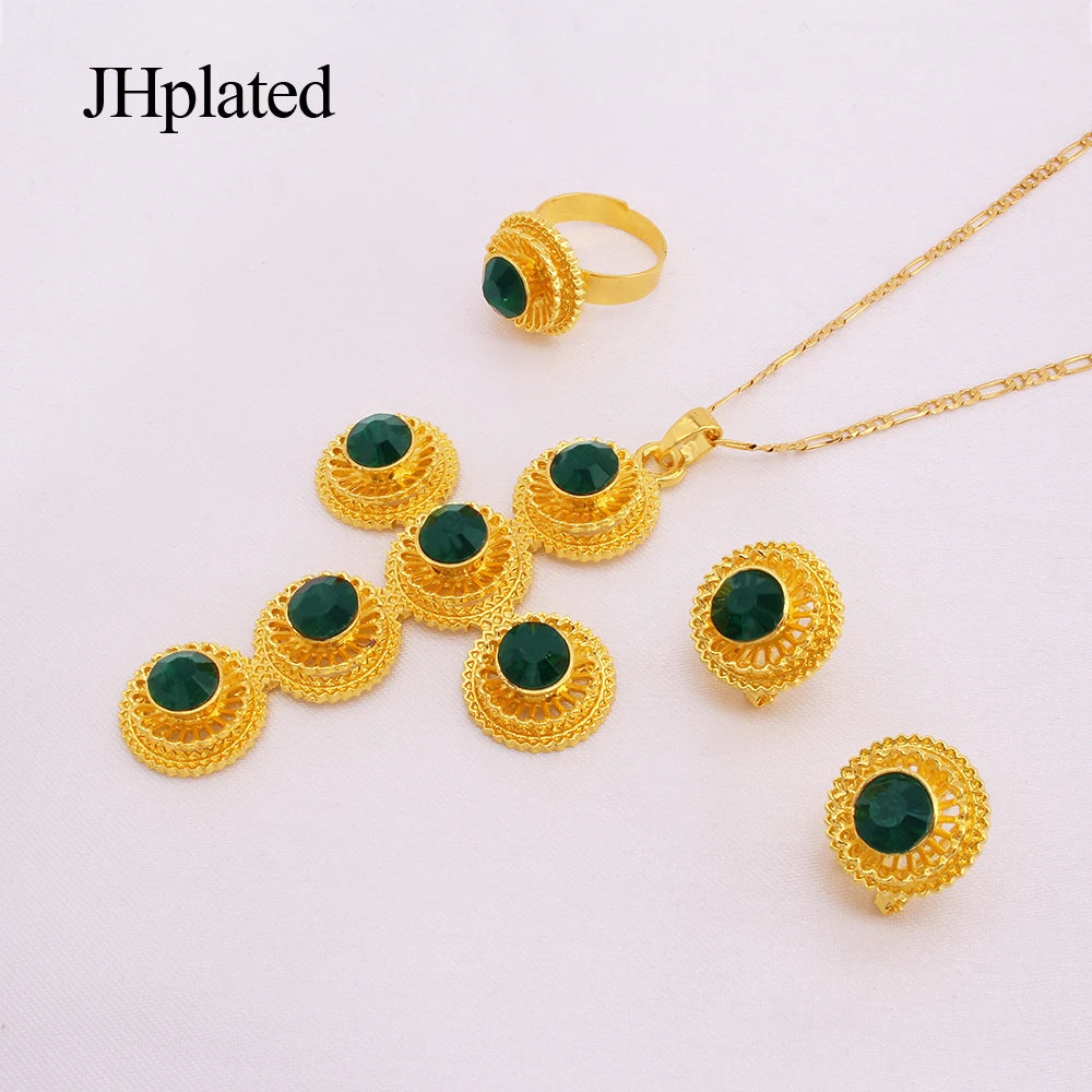 Ethiopian gold plated Jewellery set dubai bridal wedding gifts cross jewelry sets for women wife necklace earrings ring set